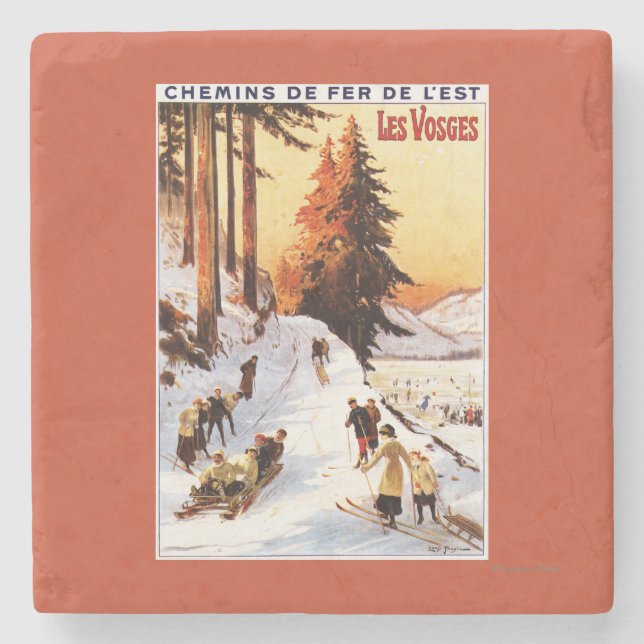 Sledding und Ski fahren an Vosges-Plakat Steinuntersetzer (Vorderseite)