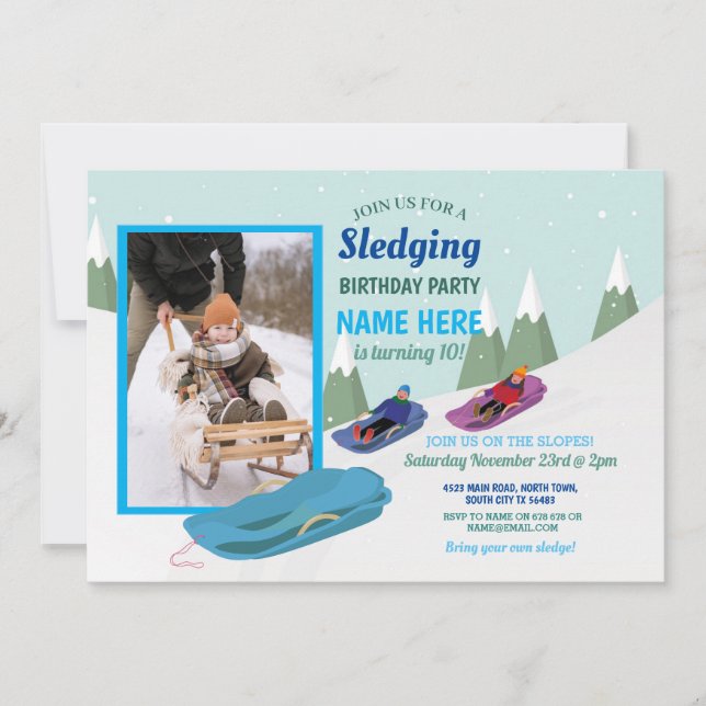 Sledging Boys Birthday Party Slogans Snowboard Fot Einladung (Vorderseite)
