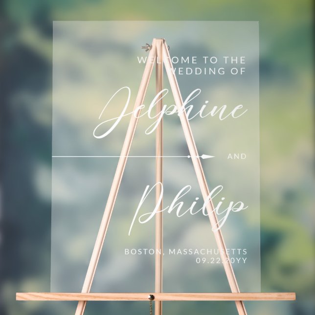 Sleek Arrow & White Script Wedding Willkommen Acrylschild (Neutral)