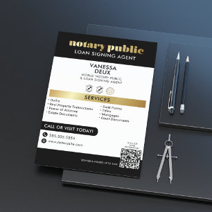 Sleek Black and Gold Notary QR Code Beruflich Flyer