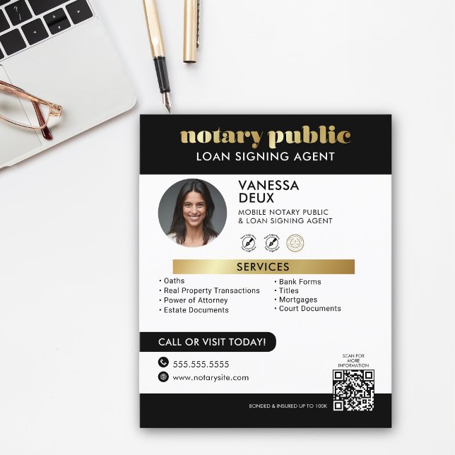 Sleek Black and Gold Notary QR Code Foto Flyer (Von Creator hochgeladen)