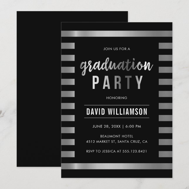 Sleek Black & Silver Stripes Graduation Party Einladung (Vorne/Hinten)
