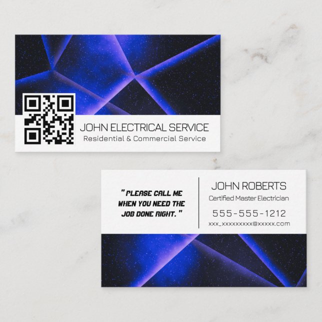 Sleek Blue Geometry Electrician mit QR Code Visitenkarte (Vorne/Hinten)