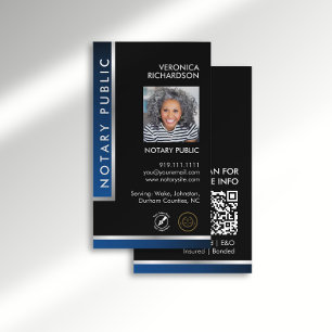 Sleek Blue Silver Notary Logo Foto QR Code Schwarz Visitenkarte