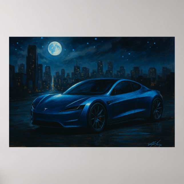 Sleek Electric Car Under Full Moon Poster (Vorne)