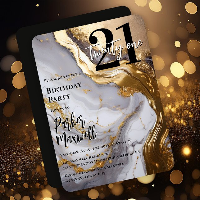 Sleek Gold | Weißer Marmor Moderne 21 Geburtstagsp Einladung (Sleek Faux Gold and White Marble Modern "21" 21st Birthday Party Invitation - Print | Digital )