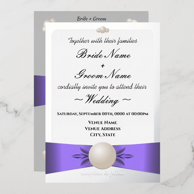 Sleek Lavender & Silver Pearl Ribbon Foto Wedding Folieneinladung (Vorderseite/Rückseite)