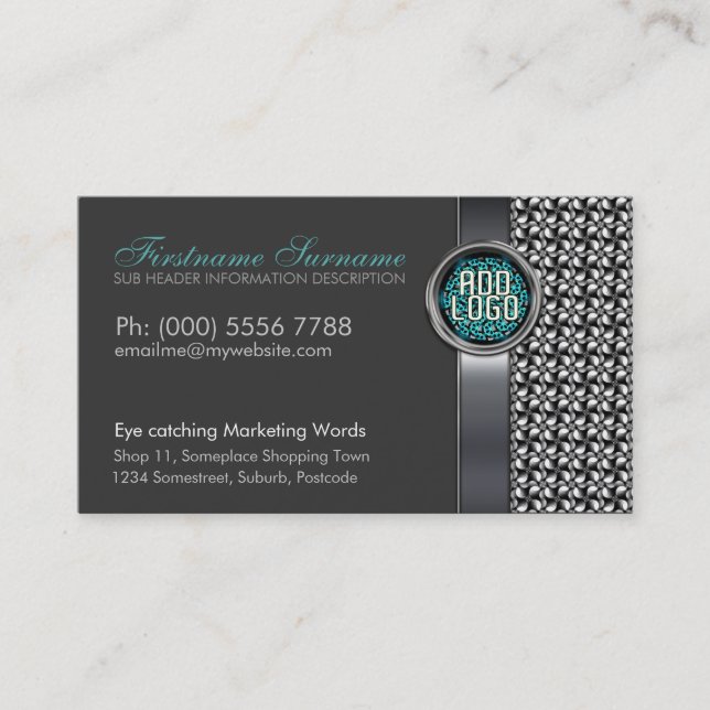 Sleek Metallic Silver Black mit Logo Business Card Visitenkarte (Vorderseite)