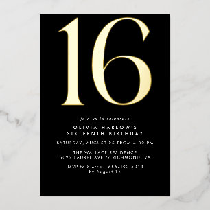 Sleek Modern Black and Gold   Cool 16. Geburtstag Folieneinladung