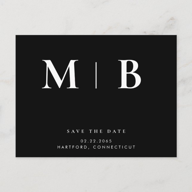 Sleek Monogram Black Wedding Save the Date Ankündigungspostkarte (Vorderseite)