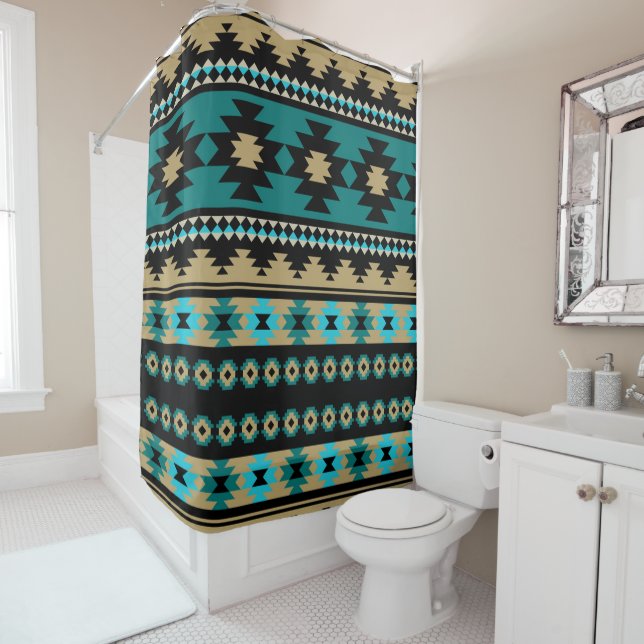 Sleek Native Tribal Aztec Blau und Schwarz Duschvorhang (Beispiel)