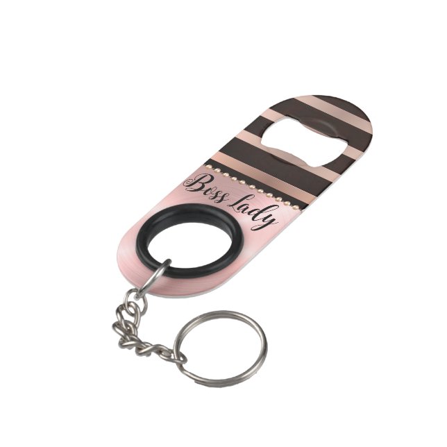 Sleek Pink Striped Boss Lady Mini Flaschenöffner (Rückseite Schrägansicht)