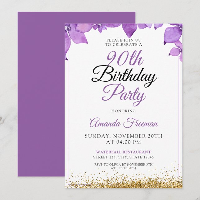Sleek Purple Flowers 90. Geburtstag Einladung (Vorne/Hinten)