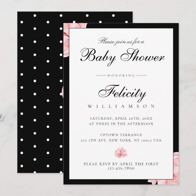 Sleek Schwarz-weiß Polka Dots Floral Baby Dusche Einladung (Vorne/Hinten)
