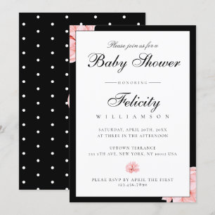 Sleek Schwarz-weiß Polka Dots Floral Baby Dusche Einladung