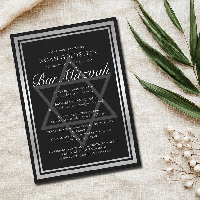Sleek Silver Black Formal Bar Mitzvah Einladung (Von Creator hochgeladen)