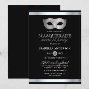 Sleek Silver & Black Masquerade Sweet 16 Party Einladung