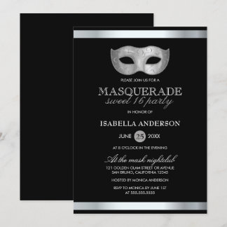 Sleek Silver & Black Masquerade Sweet 16 Party Einladung