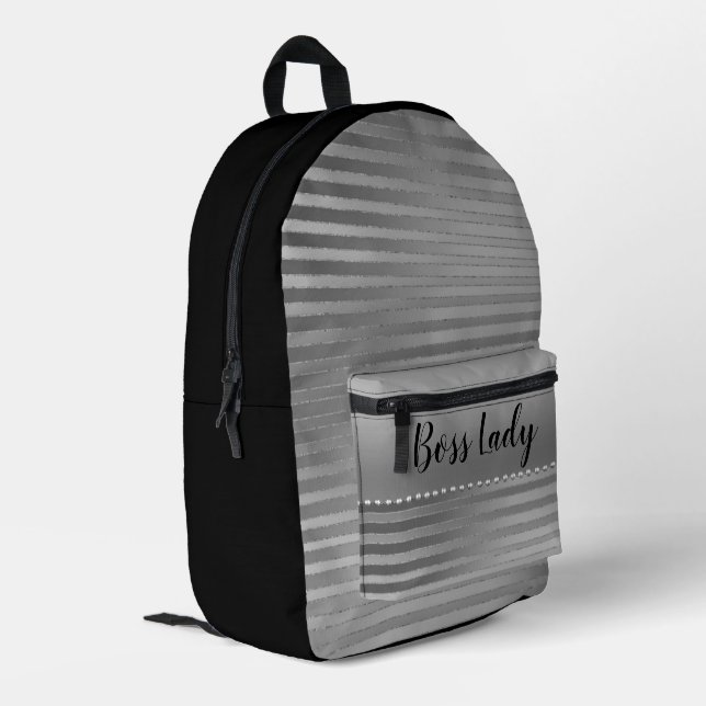 Sleek Silver Boss Lady Bedruckter Rucksack (Rückseitige Ecke links)