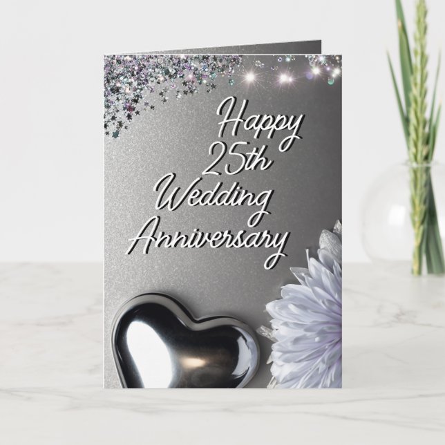 Sleek Silver Heart 25. Hochzeitstag Karte (Vorderseite)