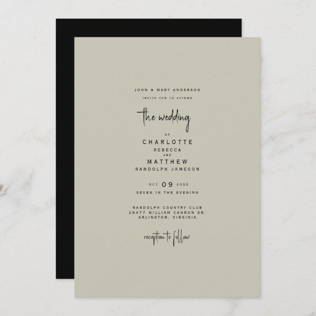 Sleek & Simple Bride Parents Khaki & Black Wedding Einladung (Vorne/Hinten)