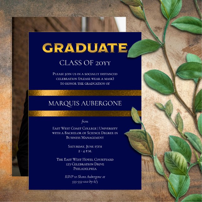 Sleek Uni | Univ Blue | Gold Graduation Party Einladung (Sleek College or University Blue | Gold Tone Graduation Announcement and Party Invite Print Digital)