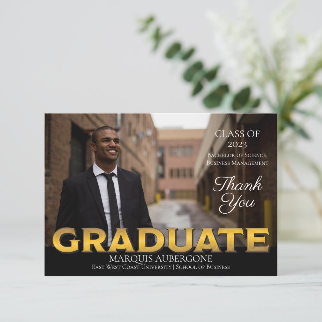 Sleek Uni | Univ Foto Graduate Black | Gold Dankeskarte (Stehend Vorderseite)