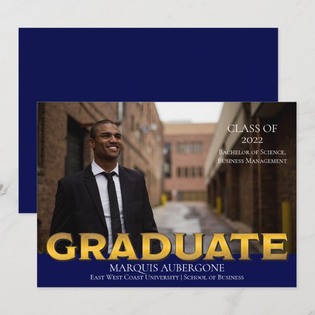 Sleek Uni | Univ Foto Graduate Blue | Gold Einladung (Vorne/Hinten)
