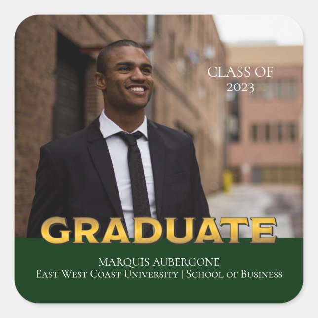 Sleek Uni | Univ Foto Graduate Green | Gold Quadratischer Aufkleber (Vorderseite)
