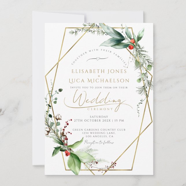 Sleek Winter Blätter Berry Gold Monogram Wedding Einladung (Vorderseite)