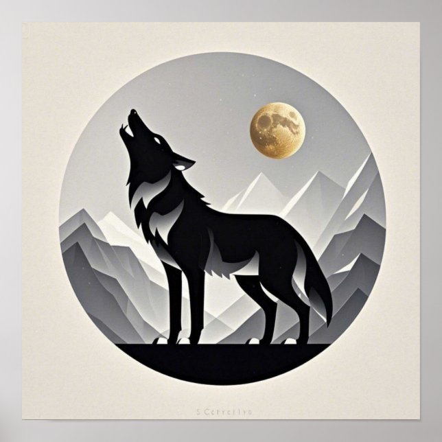 Sleek wolf Silhouette schwarz grau minimalistisch Poster (Vorne)