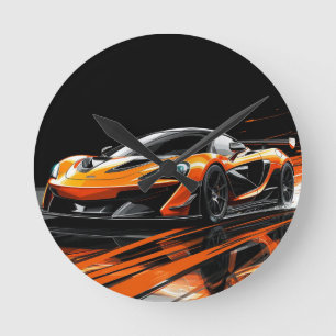 Sleekes orangefarbenes Sportwagenrennen Runde Wanduhr