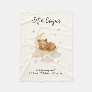 Sleeping Bear and Moon Birth Stats Baby Blanket Fleecedecke