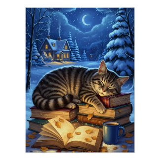 Sleeping Cat on Books Winter Night Poster