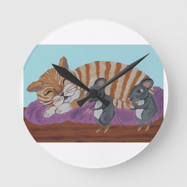 Sleeping Cat with Sneaky Mice Throw Pillow Runde Wanduhr (Vorderseite)