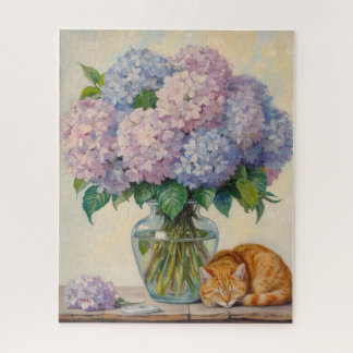 Sleeping Ginger Cat and Hydrangeas