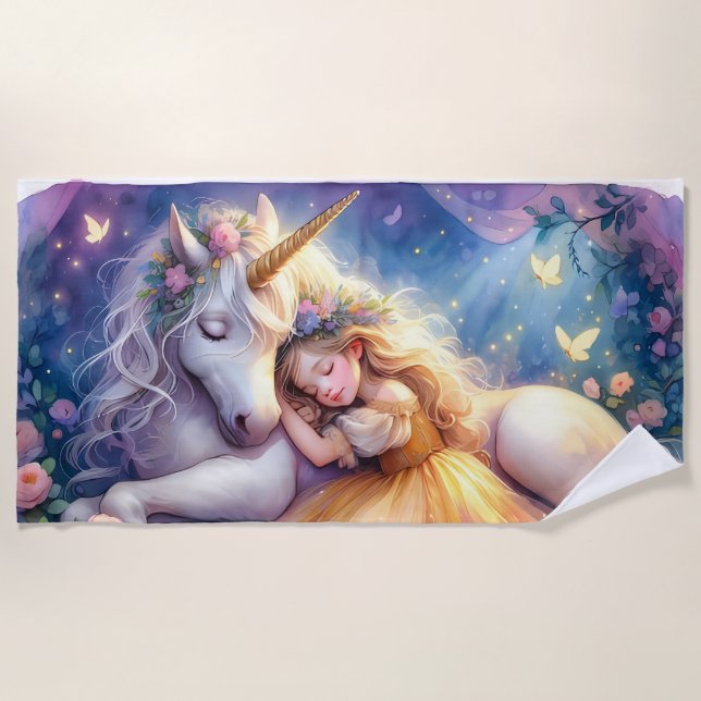 Sleeping Girl Unicorn Dreamscape Strandtuch (Vorderseite)
