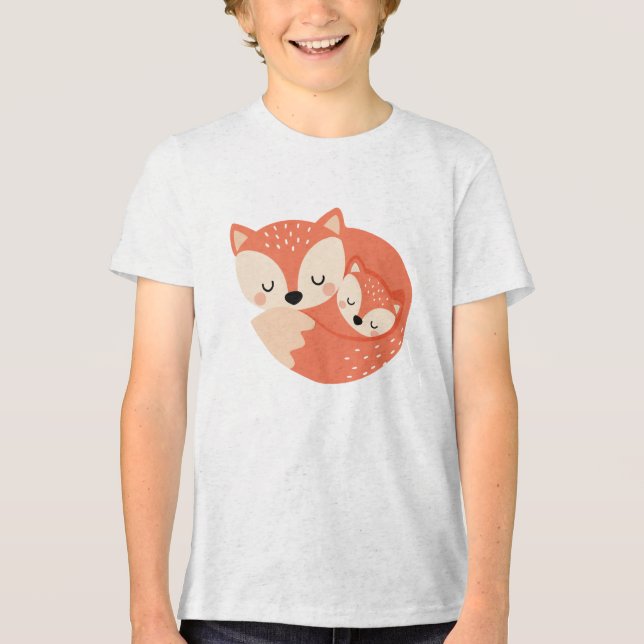 Sleeping Mama Fox with Baby Cub Illustration Tri-Blend Shirt (Vorderseite)