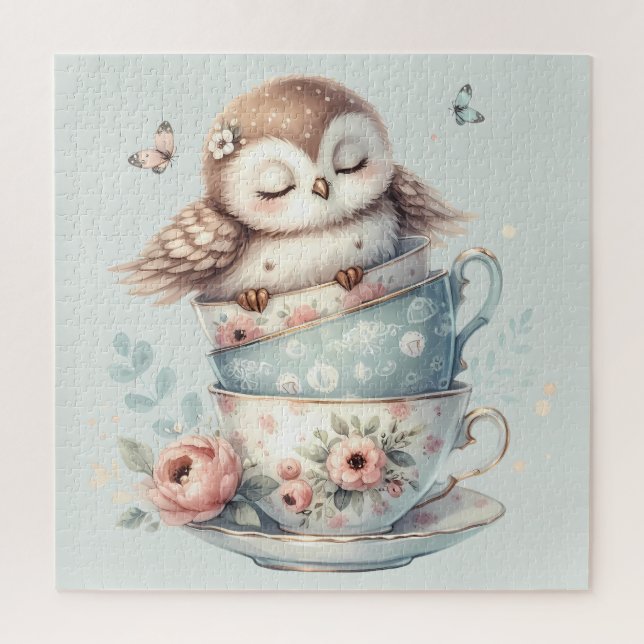 Sleeping Owl in Stacked Floral Teacups (Vertikal)