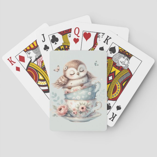 Sleeping Owl in Stacked Floral Teacups Spielkarten (Rückseite)