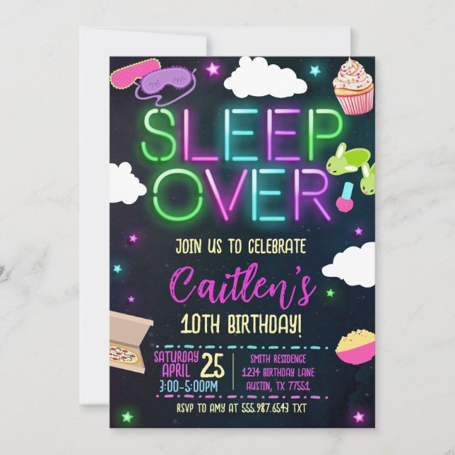 Sleepover Birthday Neon Slumber Party Einladung (Vorderseite)