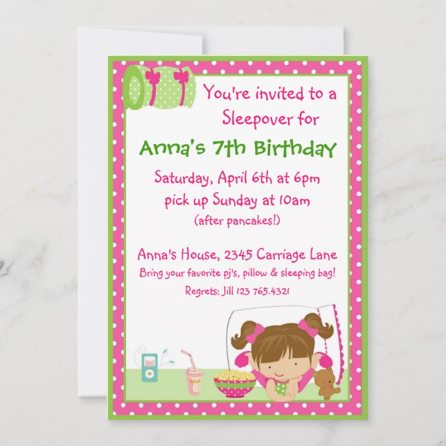 Sleepover Brunett Einladung (Vorderseite)