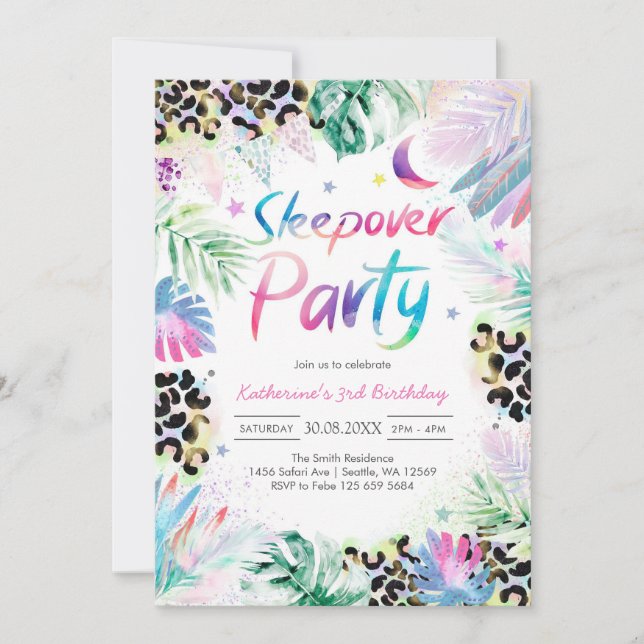 Sleepover Leopard Party Birthday Invitation (Devant)
