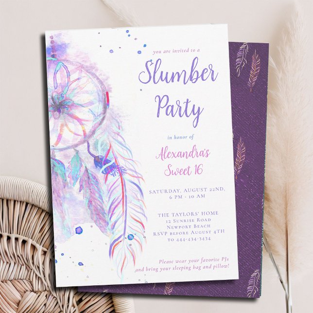 Sleepover PJ Party Lila Dreamcatcher Sweet 16 Einladung (sweet 16 slumber invitation birthday pj sleepover dreamcatcher purple pink watercolor whimsical)