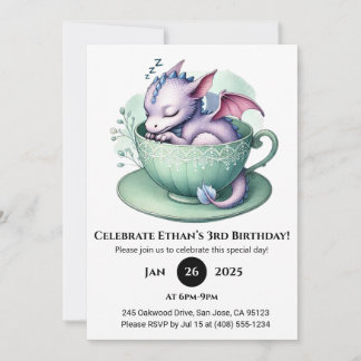 Sleepy Baby Dragon in Teacup Birthday Einladung