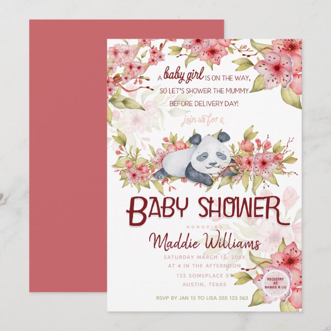 Sleepy Baby Panda Pink Cherry Blossom Babydusche Einladung (Vorne/Hinten)
