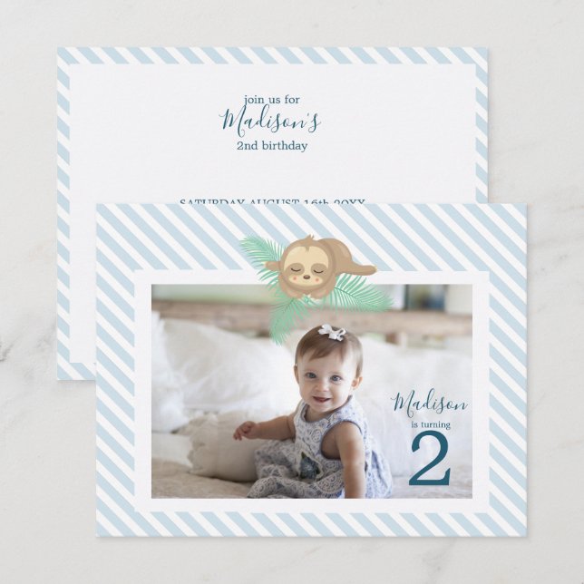 Sleepy Baby Sloth 2nd Birthday Party Invitation (Devant / Derrière)