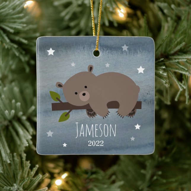 Sleepy Bären Stars Baby Cube Erste Weihnachtsfeier Keramikornament (Baum)