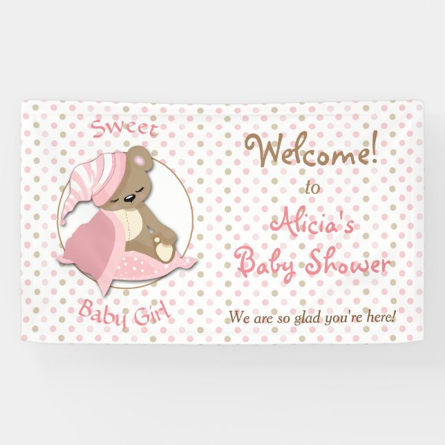 Sleepy Bear Baby Girl Dusche Banner (Horizontal)