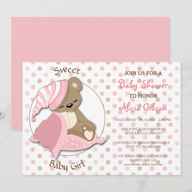 Sleepy Bear Baby Girl Dusche Einladung (Vorne/Hinten)
